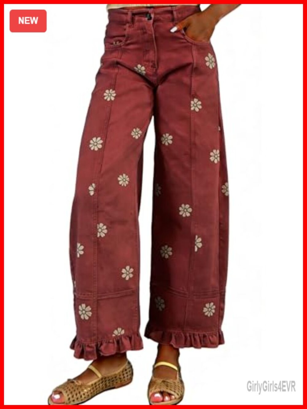 Floral Print Wide Leg Barrel Jeans Mid Rise Ankle Denim Pants Relaxed Fit